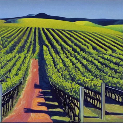 Image similar to dreaming futuristic csaterberg vineyards, painted by Alex Katz and Edward Hopper, airbrush, highly detailed