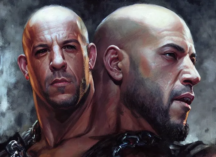 Image similar to a highly detailed beautiful portrait of vin diesel as kratos, by gregory manchess, james gurney, james jean