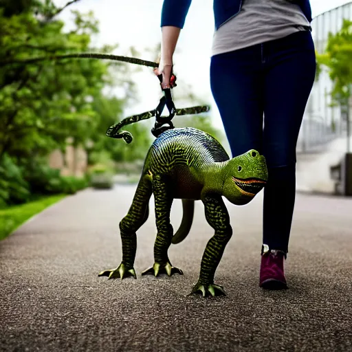 Image similar to award winning portrait of a young woman walking her pet dinosaur on a leash,