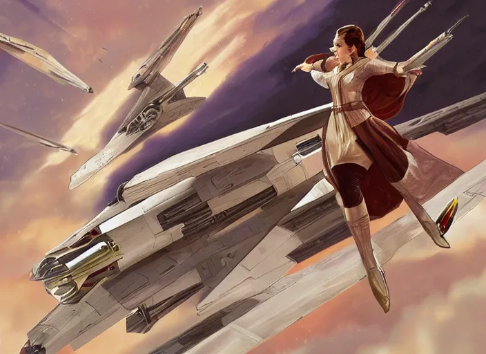 Prompt: highly detailed illustration of padme amidala flying a naboo starfighter, sharp shapes, soft brush strokes, waxy skin, alphonso mucha, risque, pronounced contours, harsh lighting, masterpiece, artstation