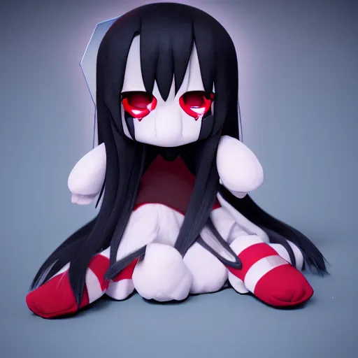 Prompt: cute fumo plush of a girl who is crying tears of blood, black and white and red, vray, caustics, lens flare