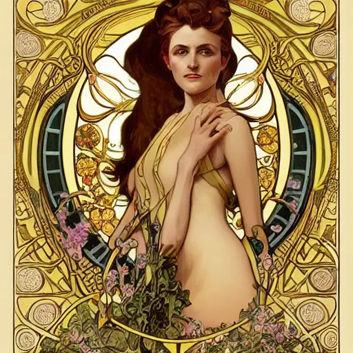 Image similar to an art nouveau painting in the style of mort kunstler, and in the style of charlie bowater, and in the style of alphonse mucha. floral patterns. gold leaf. symmetry, smooth, sharp focus, semi - realism, intricate detail.