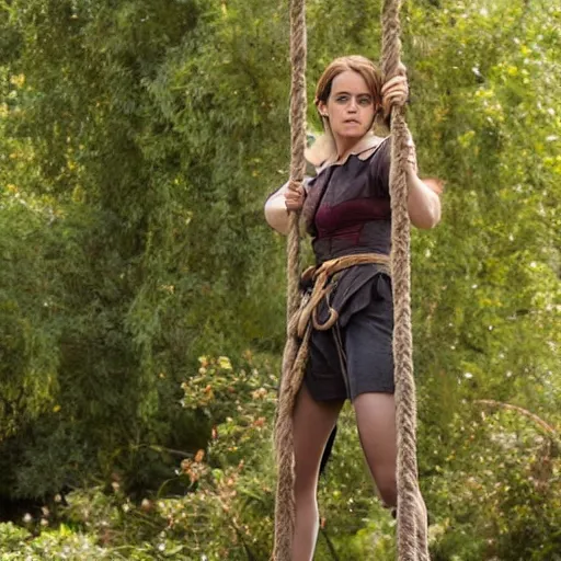 Prompt: emma watson, full body and face, head to toe visible in the photo, hands tied with a metal pole via rope, damsels in distress, 4 k, hyperrealistic