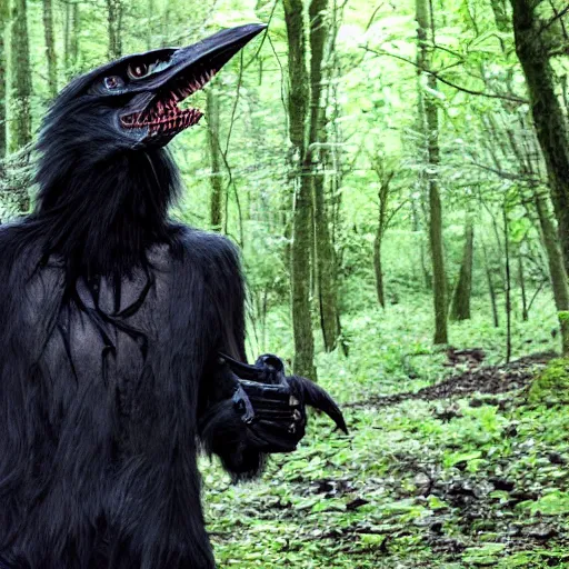 Image similar to werecreature consisting of male human and crow, photograph captured in a forest