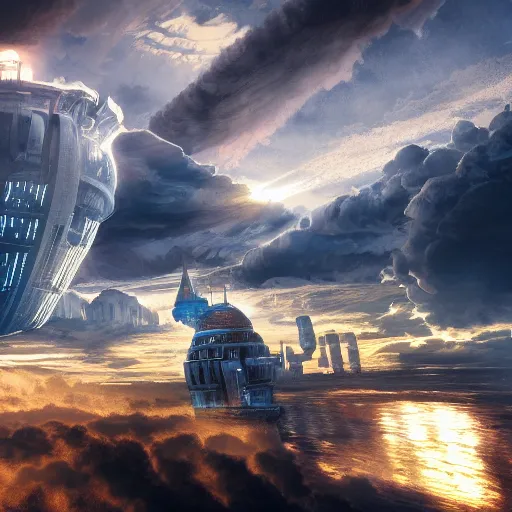 Image similar to cloud city, highly detailed, dramatic lighting, cinematic, 4k