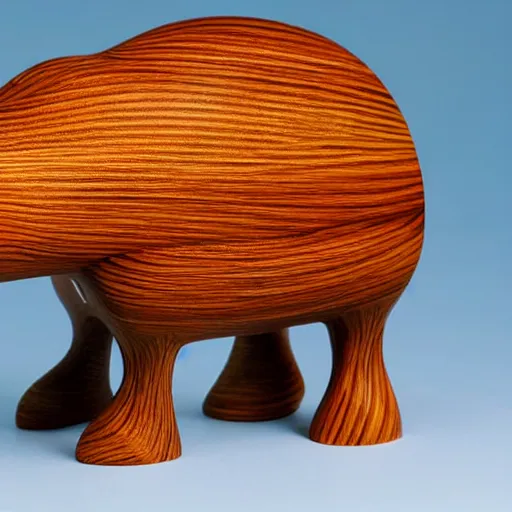 Image similar to a beautiful!!!!! minimalist curvy shaped small sculpture of hippopotamus!!!, ( ( wood ) ) and ( ( blue epoxy ) ), cubic blocks mix stripes cuts, side view profile centered