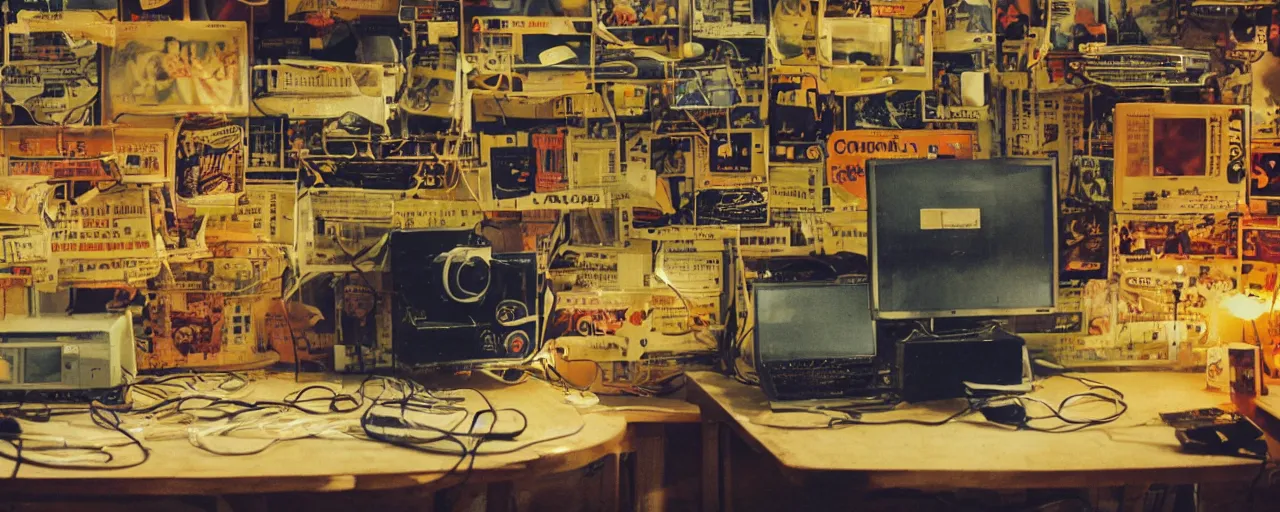 Prompt: a computer made out of spaghetti, inside a blockbuster vieo, cinematic lighting, photography, retro, film, kodachrome