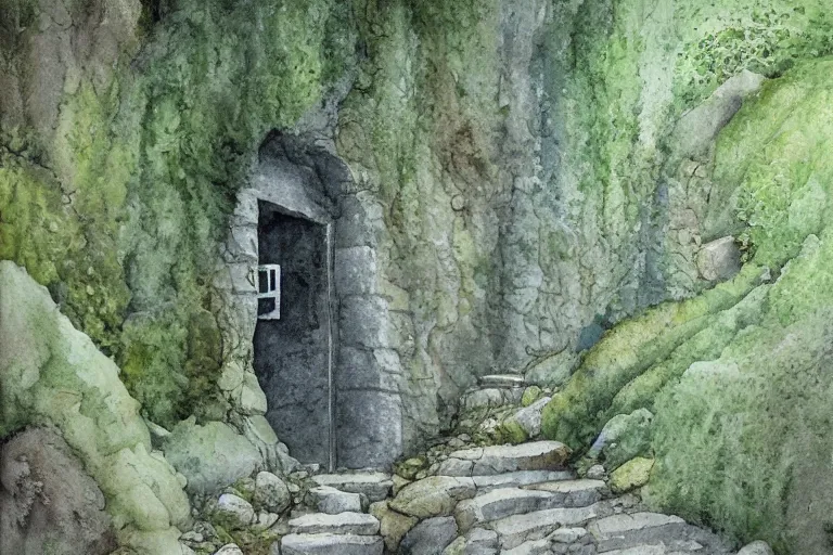 Prompt: closed door of a underground home in a cliff face, trees, moss, mushrooms, ferns, rocky sandy, dust swirling, small path up to door, soft light, james gurney, detailed watercolour, texture, 4k