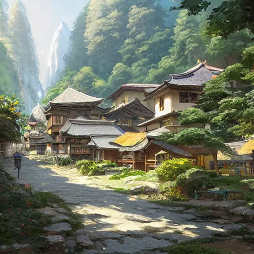 Image similar to concept art painting of a cozy village in a mountainous forested valley, historic english and japanese architecture, realistic, detailed, cel shaded, in the style of makoto shinkai and greg rutkowski and james gurney