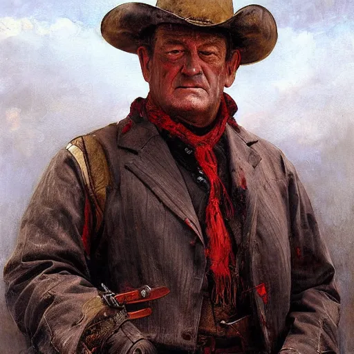 Prompt: Solomon Joseph Solomon and Richard Schmid and Jeremy Lipking victorian genre painting portrait painting of John Wayne a old rugged cowboys gunfighter old west character in fantasy costume, red background