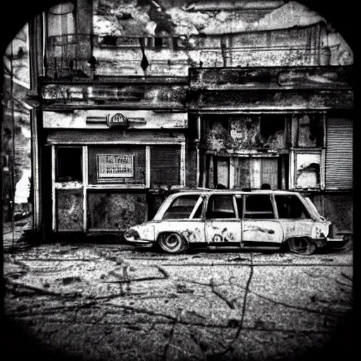 Image similar to black and white, old polaroid of dilapidated fallout 5 europa, temperate european hamlet, desolate, dilapidated neon signs, few rusted retro futuristic vintage parked vehicles, volumetric lighting, photorealistic!!!, daytime, autumn, gloomy weather, ultra detailed!!!