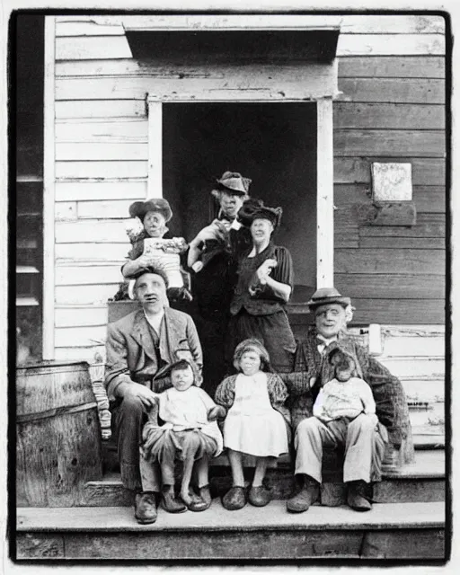 Image similar to “a black and white photograph of a successful Appalachian bootlegging family of four during prohibition, posed on the porch with a jars of moonshine, realistic, vintage, grainy film, 4k”