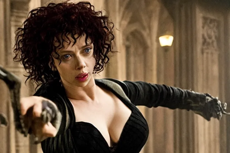 Image similar to film still Scarlet Johansson as Bellatrix Lestrange in Harry Potter movie