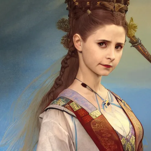 Image similar to a highly detailed portrait of buffy the vampire slayer as a medieval chinese princess, beautiful detail and color, art by john collier and albert aublet and krenz cushart and artem demura and alphonse mucha, volumetric lighting, octane render, 4 k resolution, matte, sharp focus, illustration, art by greg rutkowski and alphonse mucha