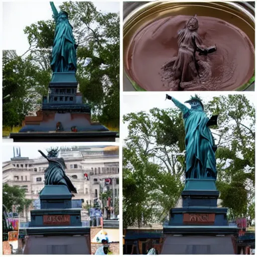 Image similar to liberty statue get sink on chocolate liquid rain, flooded with chocolate