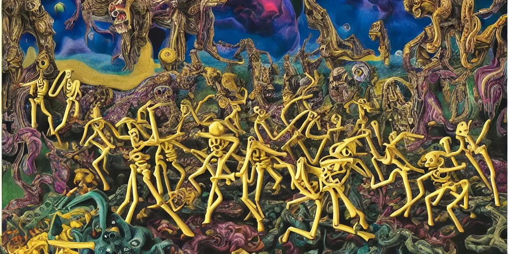 Image similar to Action scene from the film ghost in the machine with skeletons dancing in front of a waterfall, imaginary animals, golden hour, backlit by an alien planet, sharp focus, psychedelic manga, gauche on paper by salvidor dali, abstract oil painting by Raqib Shaw, MC Escher illustration