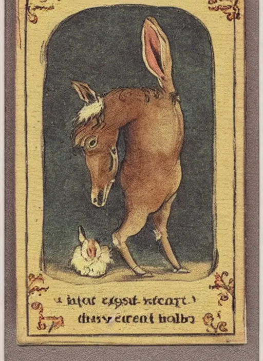 Image similar to a trading card from the 1 6 0 0 s with a horse born with the head of a rabbit and the body of a rabbit