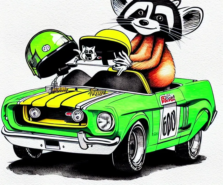 Prompt: cute and funny, racoon wearing a helmet riding in a tiny 1 9 6 7 ford mustang shelby, ratfink style by ed roth, centered award winning watercolor pen illustration, isometric illustration by chihiro iwasaki, edited by range murata