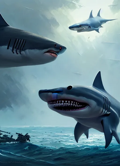 Image similar to epic futuristic baby shark war machine highly detailed, digital painting, concept art, smooth, sharp focus, illustration, art by greg rutkowski