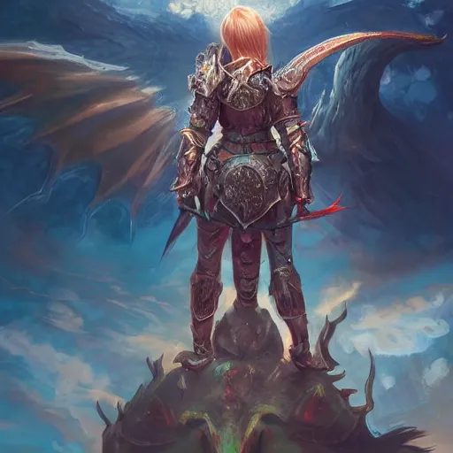 Prompt: breathtaking detailed concept art drawing of teenage girl in armor standing on the back of a dragon, art stand trend, very bright lights, ultra wide angle, 4 k