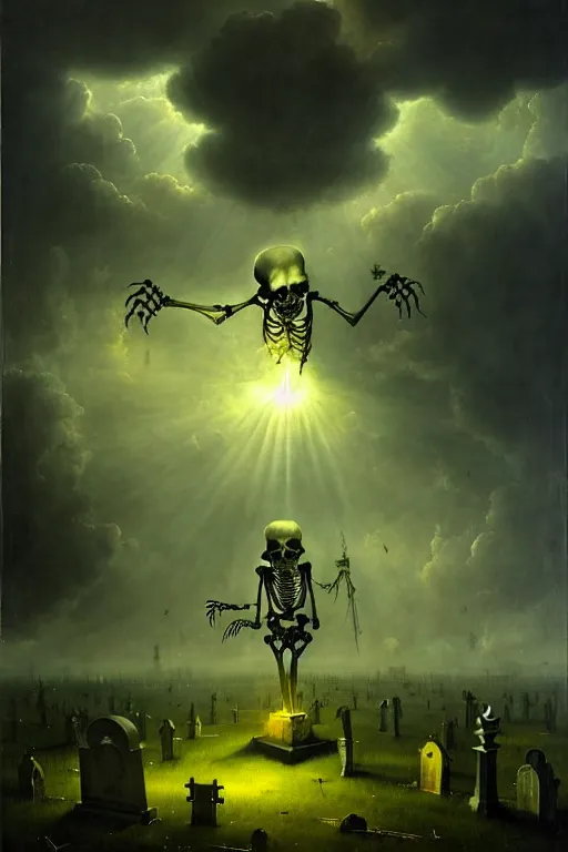 Image similar to hieronymus bosch, greg rutkowski, anna podedworna, painting of a cybernetic skeleton grim reaper floating down from the clouds, god rays, wide shot of a graveyard lit by spooky green lights