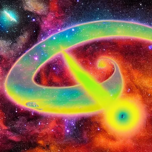 Prompt: A big weird alien wedge-shaped spaceship drifting against a spiral galaxy background, psychedelic colours, Hubble image