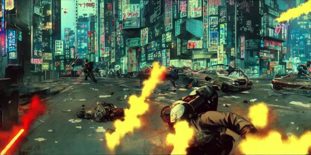 Prompt: 1991 Video Game Screenshot, Anime Neo-tokyo Cyborg bank robbers vs police shootout, bags of money, Police officer hit, Bullet Holes and Blood Splatter, Hostages, Smoke Grenade, Cyberpunk, Anime VFX, Violent, Action, Fire fight, FLCL, Free-fire, Highly Detailed, 8k :4 by Katsuhiro Otomo + Studio Gainax + Arc System Works : 8