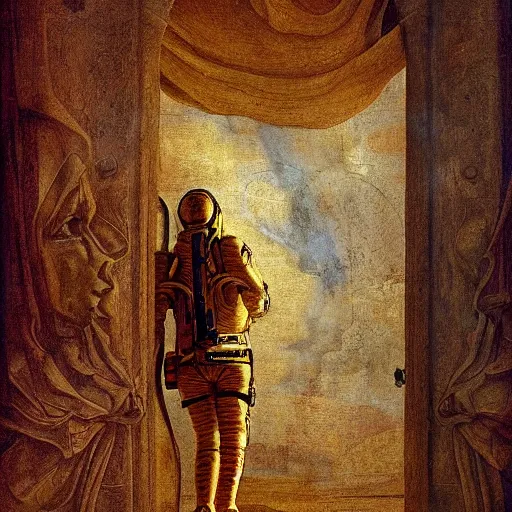 Prompt: 4 k, hyper - realism, distant shot, extra - details, psychedelic astronaut opening door that leads to the universe by davinci.