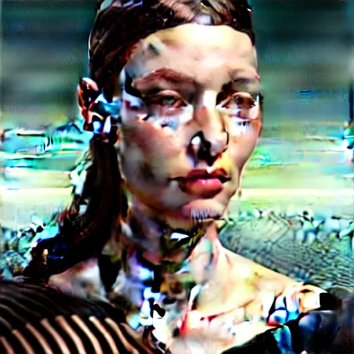 Image similar to hyperrealism photography computer simulation visualisation of parallel universe cgi scene with beautiful highly detailed ukrainian woman by caravaggio wearing neofuturistic neural interface by josan gonzalez - s 1 5 0