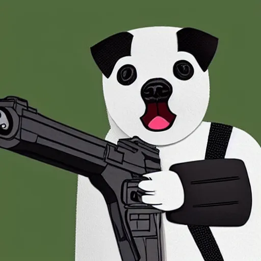 Image similar to dog holding a gun, aiming at boris johnson