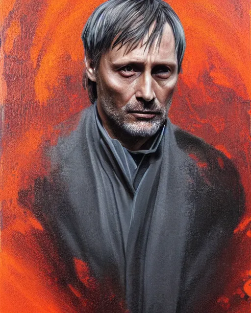 Prompt: mads mikkelson as clifford unger from death stranding, mysterious portrait, oil painting, orange fill light