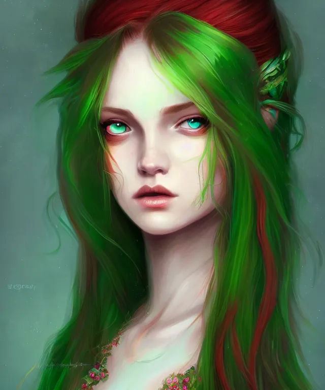 Prompt: Fae teenage girl, portrait, face, long red hair, green highlights, fantasy, intricate, elegant, highly detailed, digital painting, concept art, smooth, sharp focus, illustration