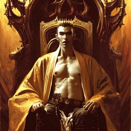 Image similar to perfectly centered portrait of attractive vampire king in a robe sitting on a throne of bones, highly detailed painting by gaston bussiere, craig mullins, j. c. leyendecker, 8 k