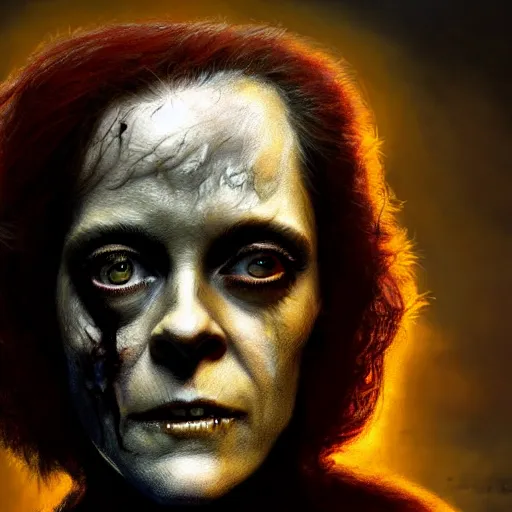 Prompt: color head portrait of sigourney weaver as a zombie, 7 days to die zombie, gritty background, fine art, award winning, intricate, elegant, sharp focus, cinematic lighting, digital painting, 8 k concept art, art by michael hussar, art by brom, art by guweiz and z. w. gu, 8 k