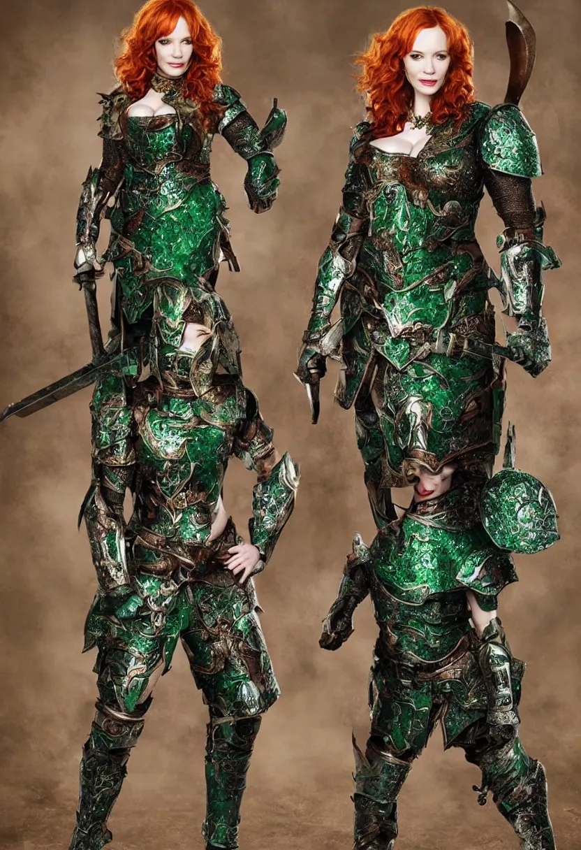 Image similar to full body photo of christina hendricks as a warrior with emerald encrusted armour