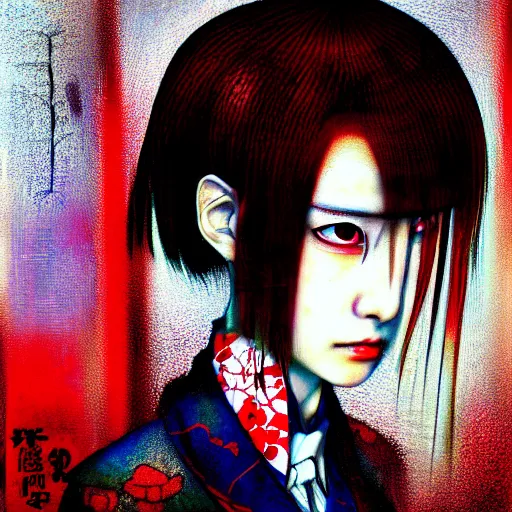 Prompt: yoshitaka amano blurred and dreamy realistic three quarter angle portrait of a sinister young woman with short hair, big earrings, barbed wire and red eyes wearing office suit with tie, junji ito abstract patterns in the background, satoshi kon anime, noisy film grain effect, highly detailed, renaissance oil painting, weird portrait angle, blurred lost edges