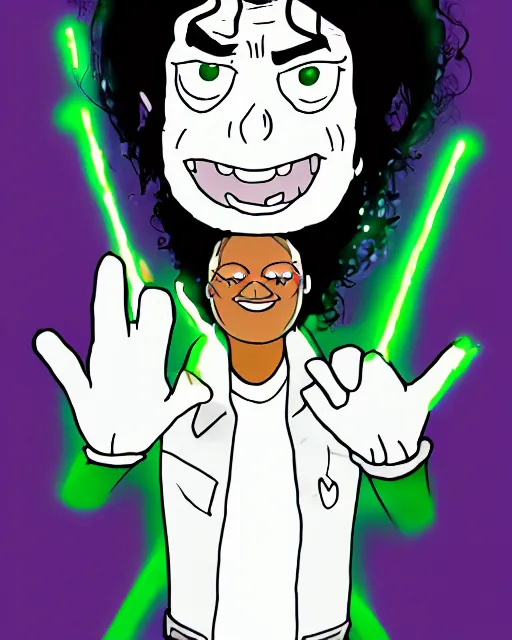 Image similar to portrait of michael jackson in the style of justin roiland. cinematic lighting. style of rick & morty. photographic, photography. by justin roiland