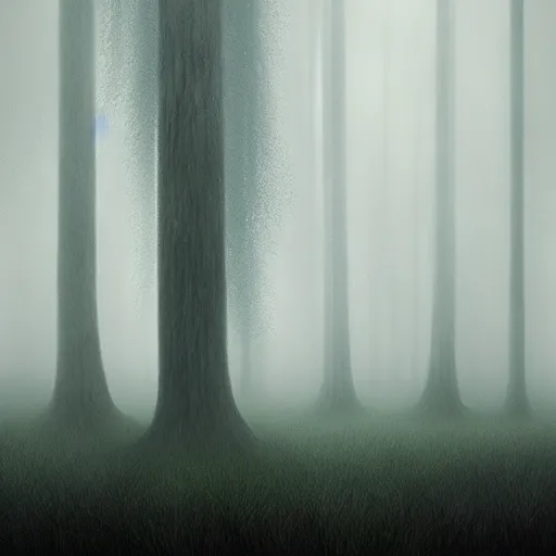 Prompt: A beautiful but eerie forest, shrouded in mist that is filled with scary glowing monsters, in the style of Keith Thompson and Zdzislaw Beksinski, Artstation HD, 8k, Surrealistic digital artwork,