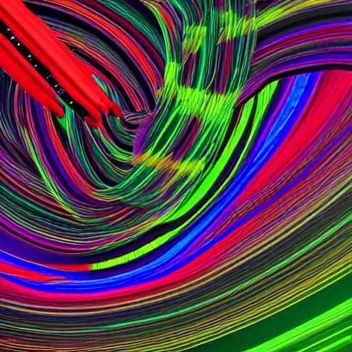 Image similar to android with cables attached to it's head and emitting swirling waves of beautiful color, dmt, 8 k resolution, iridescent, beautiful