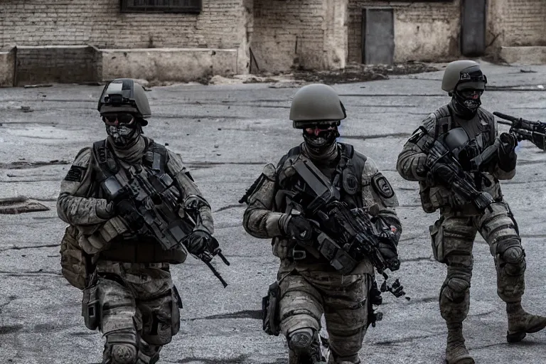 Prompt: Mercenary Special Forces soldiers in grey uniforms with black armored vest and black helmets in urban warfare in Russia 2022, Canon EOS R3, f/1.4, ISO 200, 1/160s, 8K, RAW, unedited, symmetrical balance, in-frame, combat photography