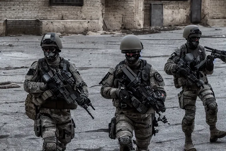 Image similar to Mercenary Special Forces soldiers in grey uniforms with black armored vest and black helmets in urban warfare in Russia 2022, Canon EOS R3, f/1.4, ISO 200, 1/160s, 8K, RAW, unedited, symmetrical balance, in-frame, combat photography