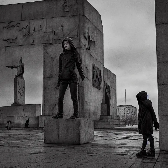 Prompt: storyboard : sadie sink in hoodie sits on long bench in ruined square, pedestrians walk by, soviet monument and propaganda posters. scifi cyberpunk. by gabriel hardman. cinematic atmosphere, detailed and intricate, perfect anatomy