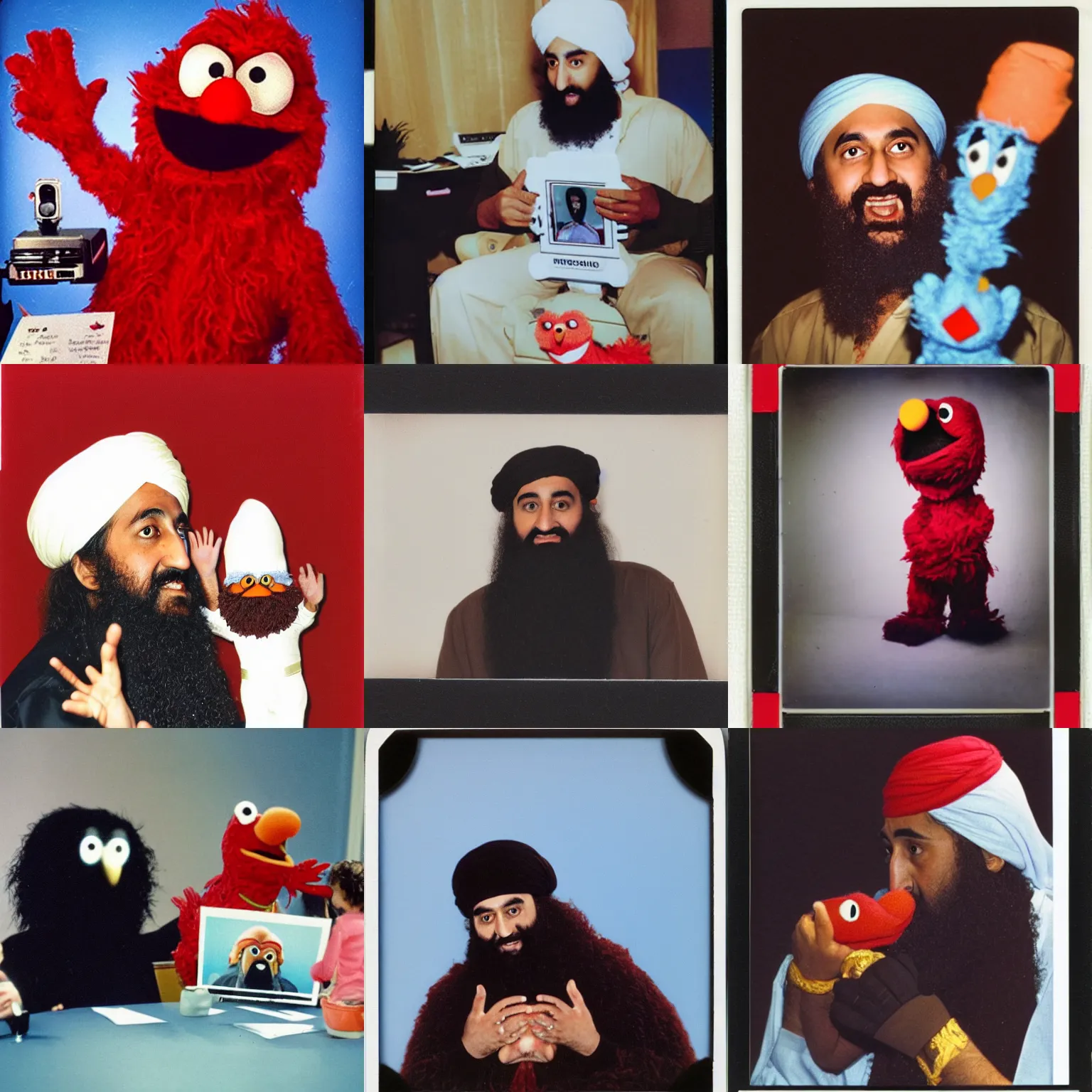 Prompt: polaroid photo of osama bin laden debating elmo