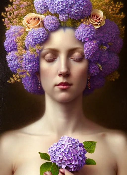 Image similar to a lilac hair beautiful goddess of light, colourful hydrangeas flowers, soft roses, and dried petals, painterly, emotionally evoking methaphoric, ornamental, intricate and elegant, highly detailed photorealistic painting, decorative lines, sharp focus, golden ratio, by tomasz alen kopera and john william godward,