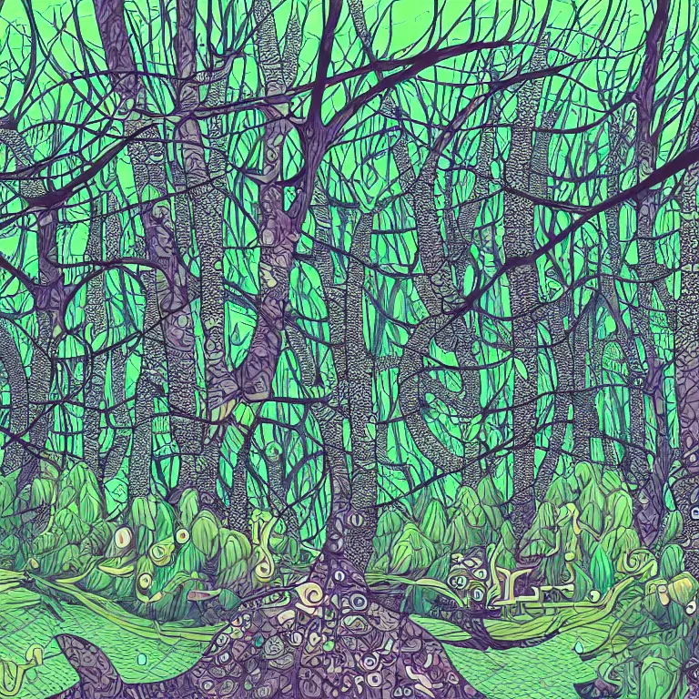 Prompt: illustration of a futuristic forest, highly detailed, by Malika Fayre