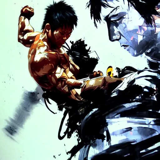 Image similar to Tony Jaa epic fight scene in the style of Yoji Shinkawa