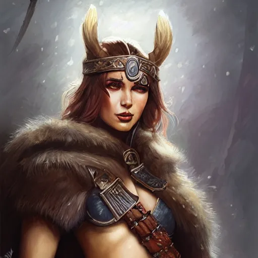 Image similar to female barbarian warrior in furs, art by artgerm and greg rutkowski and magali villeneuve, d & d, fantasy, portrait, highly detailed, headshot, digital painting, trending on artstation, concept art, sharp focus, illustration