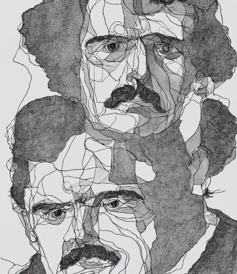 Image similar to detailed line art portrait of german philosopher frierich nietzsche, inspired by egon schiele. contour lines, musicality, twirls and curves, strong personality