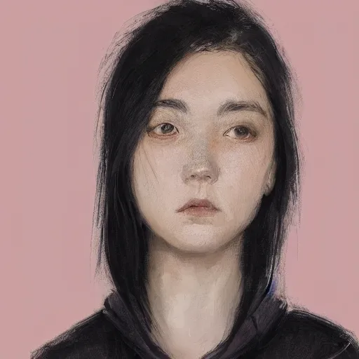 Prompt: Portrait of a woman by Greg Rutkowski, she is about 18 years old, mixture between japanese and british, messy bob black hair, young, pale, tired but friendly look, she's wearing a a pink oversized hoodie and a black adidas tracksuit, highly detailed portrait, scifi, digital painting, artstation, concept art, smooth, sharp foccus ilustration, Artstation HQ