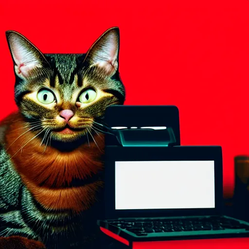 Prompt: happy red - haired cat using a computer, viewed while eating a banana, black background, retro design, high quality detailed image